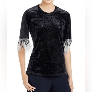 KOBI HALPERIN Velvet fringe & rhinestone short sleeve top size medium